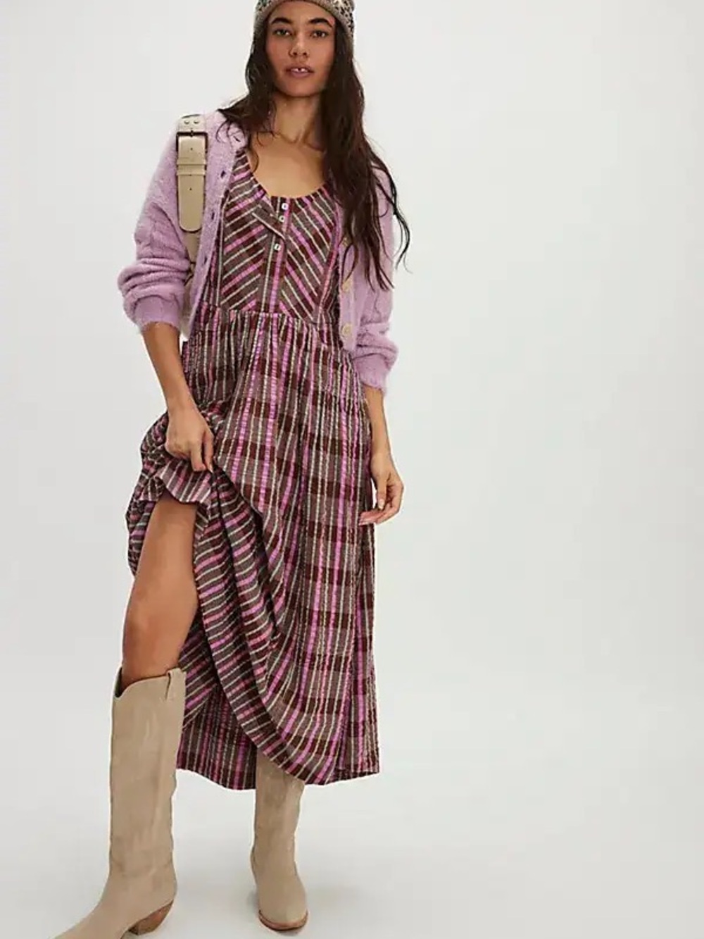 Free People Tulie Pink and Brown Plaid Midi Dress with Puff Sleeves Size LG NWT - Picture 7 of 9